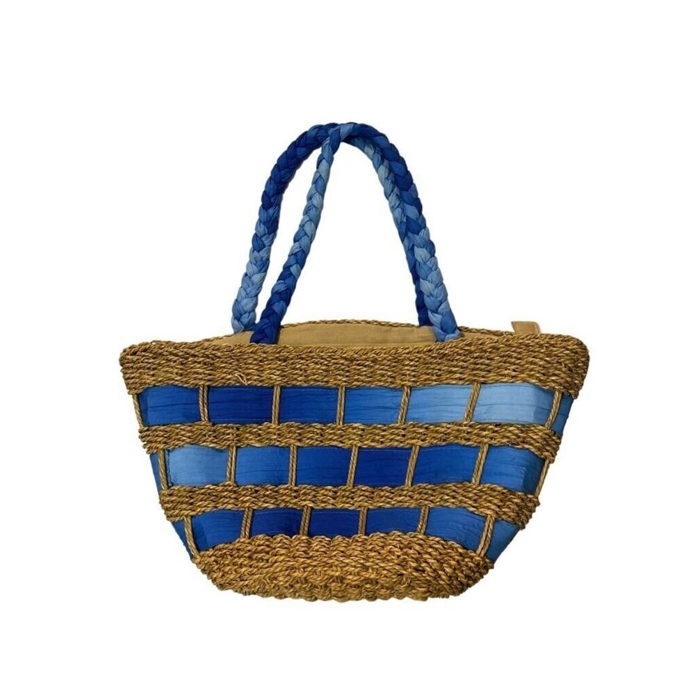 Cappelli Ombre Blue Ribbon Straw Bag Zip‎ Top Braided Strap Tote Hand Bag